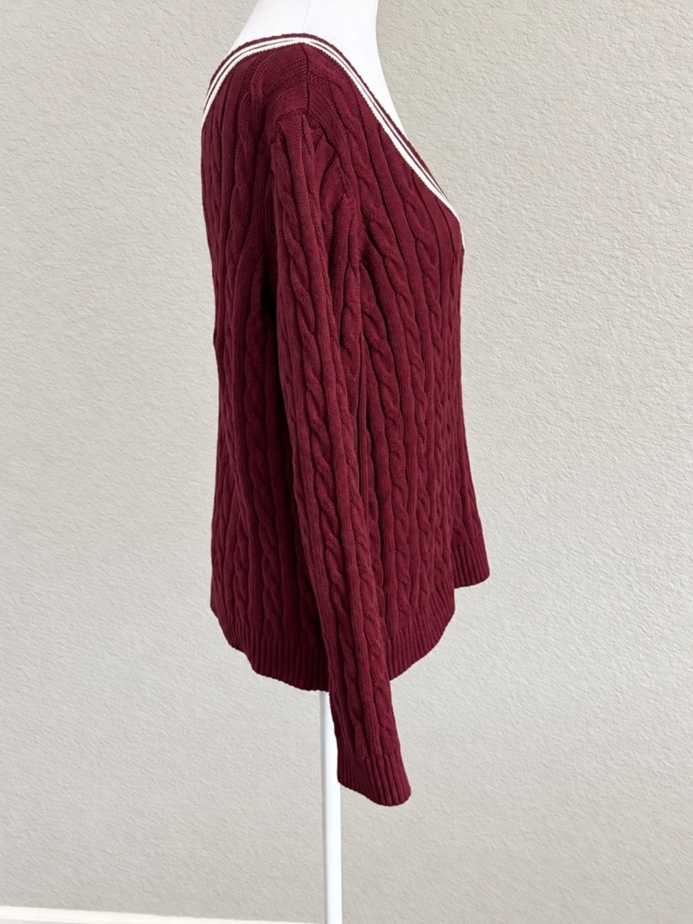 Lands End 100% Cotton Varsity Collegiate Cable Knit Sweater Burgundy SZ Large - Picture 3 of 9